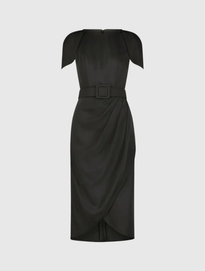 Women Crepe Boat Neck Midi Tulip Dress With Belt Black Every Day Dresses Mac Duggal
