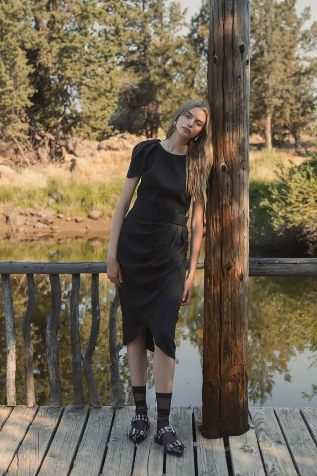 Women Crepe Boat Neck Midi Tulip Dress With Belt Black Every Day Dresses Mac Duggal