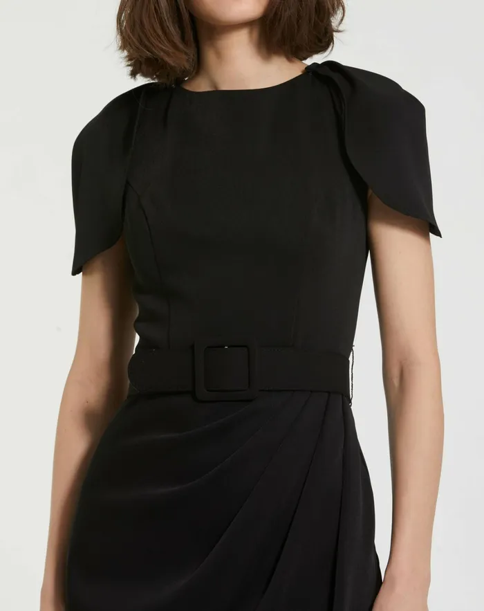 Women Crepe Boat Neck Midi Tulip Dress With Belt Black Every Day Dresses Mac Duggal