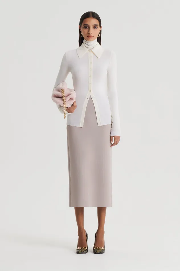 Women CREPE KNIT PENCIL SKIRT MIDI OYSTER Skirts Scanlan Theodore