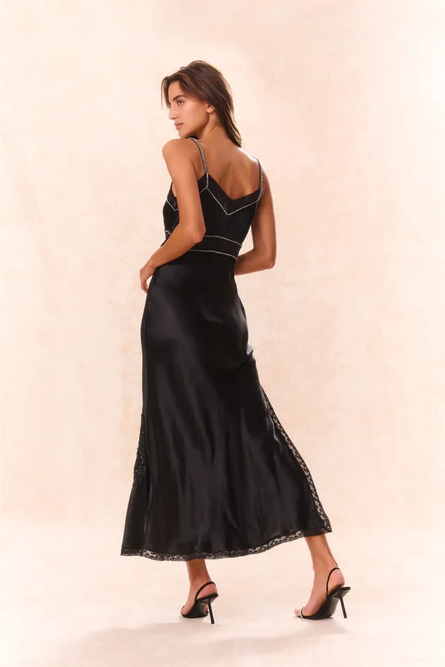 Women Dresses LoveShackFancy Valea Embellished Satin Maxi Dress Black