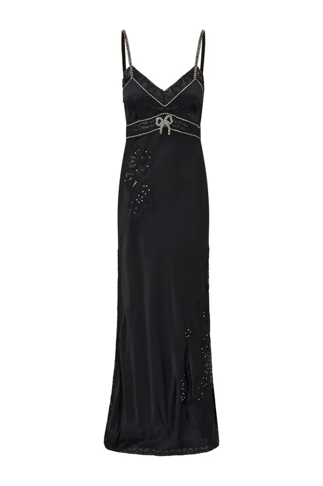 Women Dresses LoveShackFancy Valea Embellished Satin Maxi Dress Black