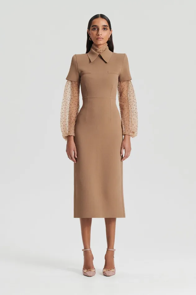 Women Dresses Scanlan Theodore CREPE KNIT COLLAR DRESS CAMEL