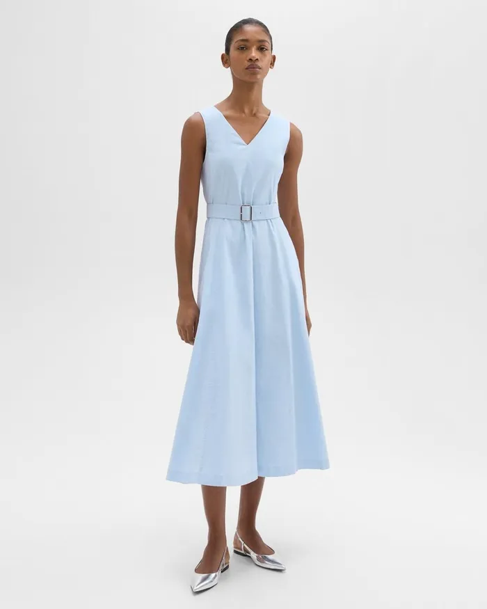 Women Dresses Theory VNeck Volume Dress In Good Linen Skylight