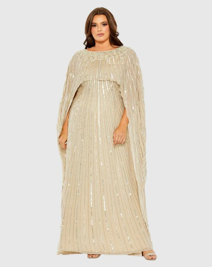 Women Embellished Column Cape Dress Champagne Plus Size Dresses Mac Duggal