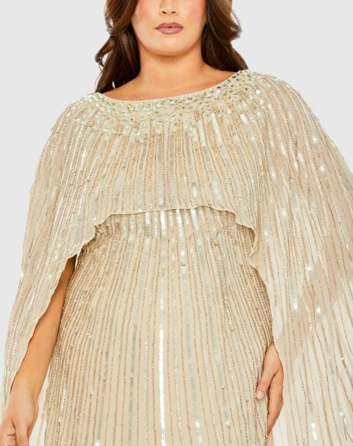 Women Embellished Column Cape Dress Champagne Plus Size Dresses Mac Duggal