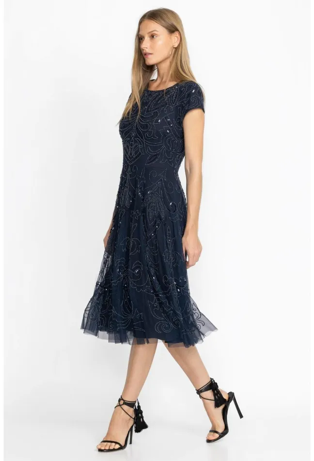 Women Johnny Was Dresses Paisley Beaded Mesh Dress Navy