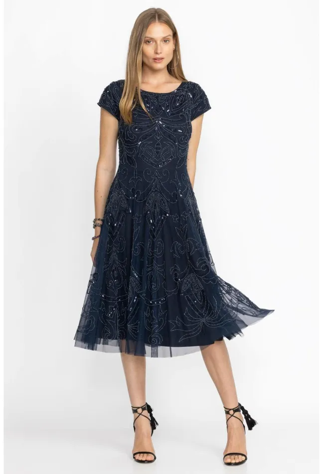 Women Johnny Was Dresses Paisley Beaded Mesh Dress Navy
