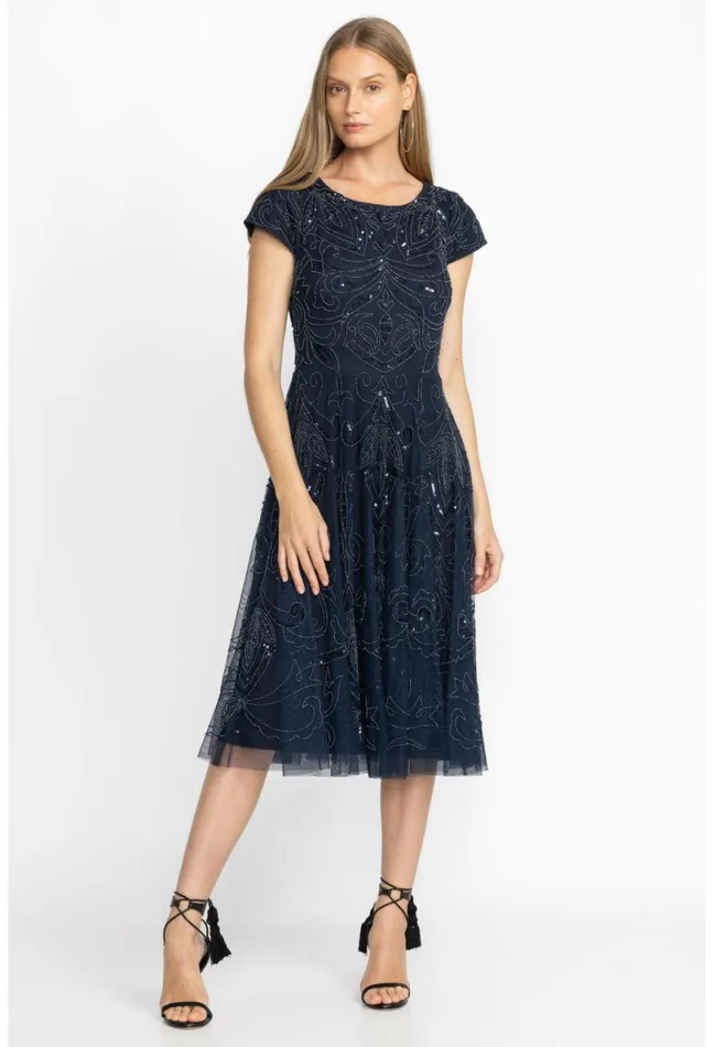 Women Johnny Was Dresses Paisley Beaded Mesh Dress Navy