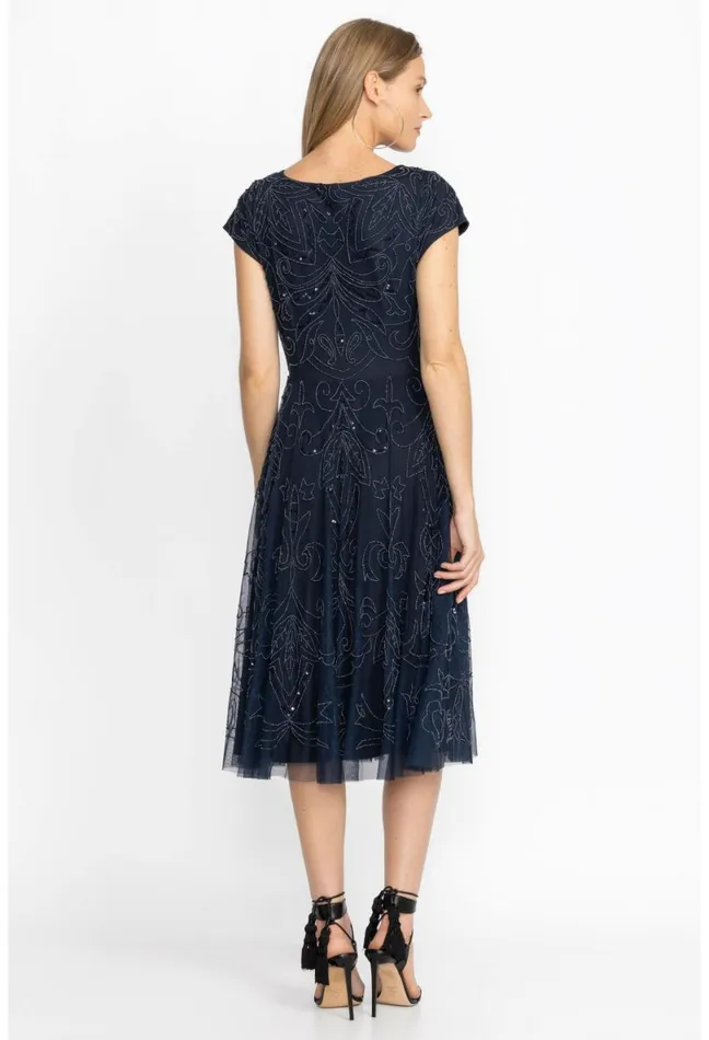 Women Johnny Was Dresses Paisley Beaded Mesh Dress Navy