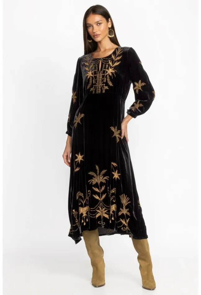 Women Johnny Was Dresses Palmira Velvet Effortless Midi Dress Black