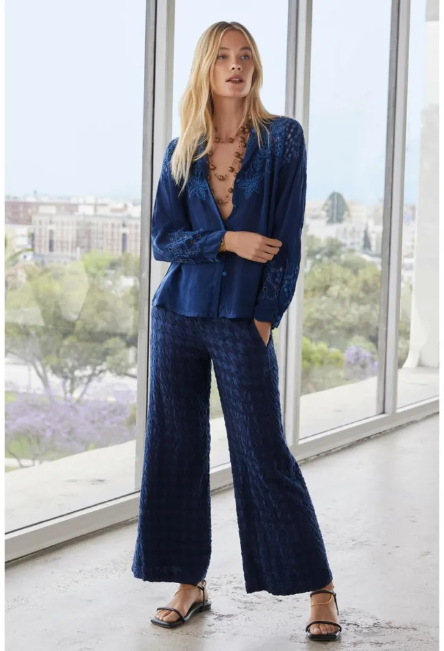 Women Johnny Was Tops Lotus Eyelet Button Down Blue Night