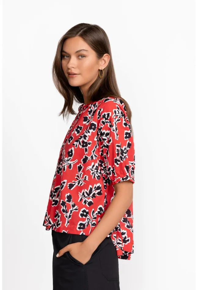 Women Johnny Was Tops Shirred Neck Button Down Blouse Poppy Red Garden Vines