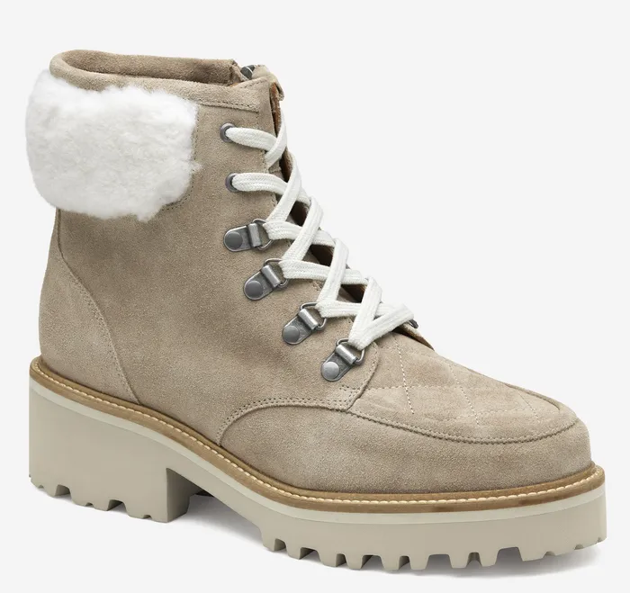 Women Johnston and Murphy Emmalynn Quilted Hiker Boot Taupe SuedeShearling Boots and Booties