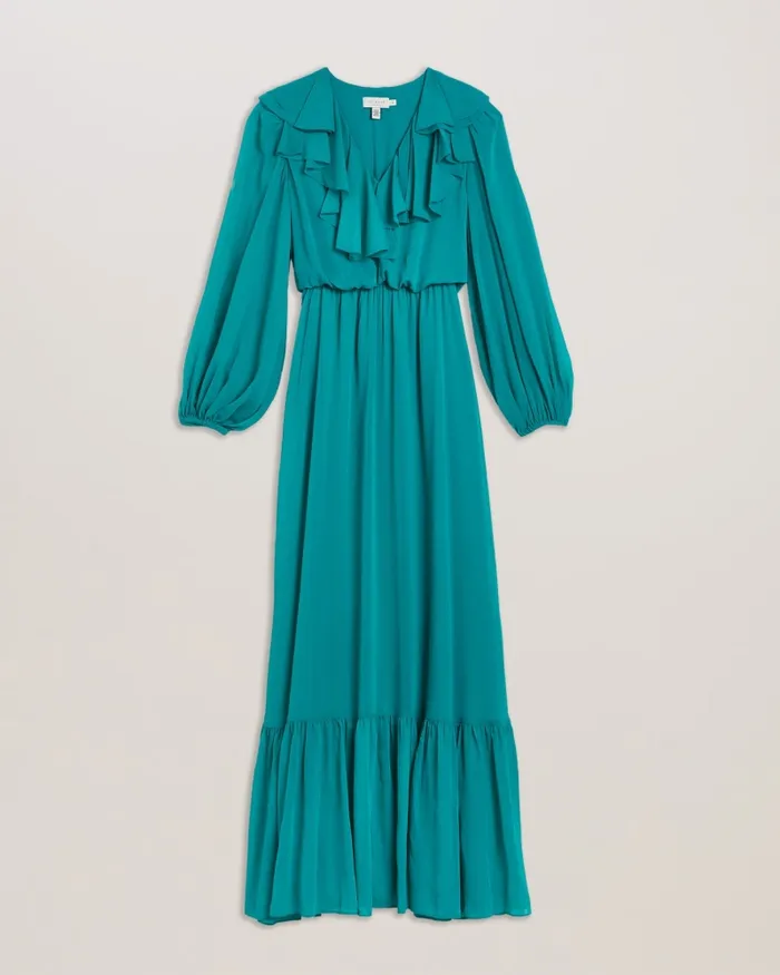 Women KEINA 8211 Ruffle Neck Long Sleeve Maxi Dress Green Ted Baker Dresses