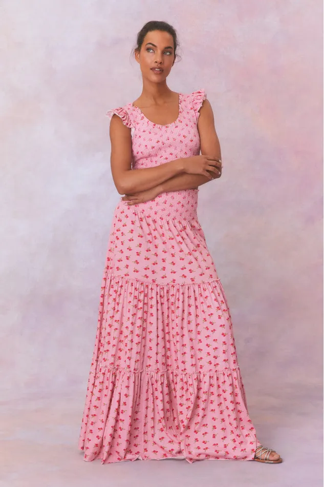 WomenKids Skirts LoveShackFancy Phia Floral Printed Smocked Maxi Skirt Cherry Pink
