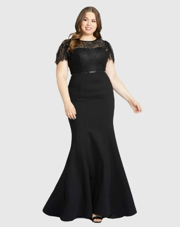 Women Lace Illusion High Neck Cap Sleeve Gown BLACK Plus Size Dresses Mac Duggal