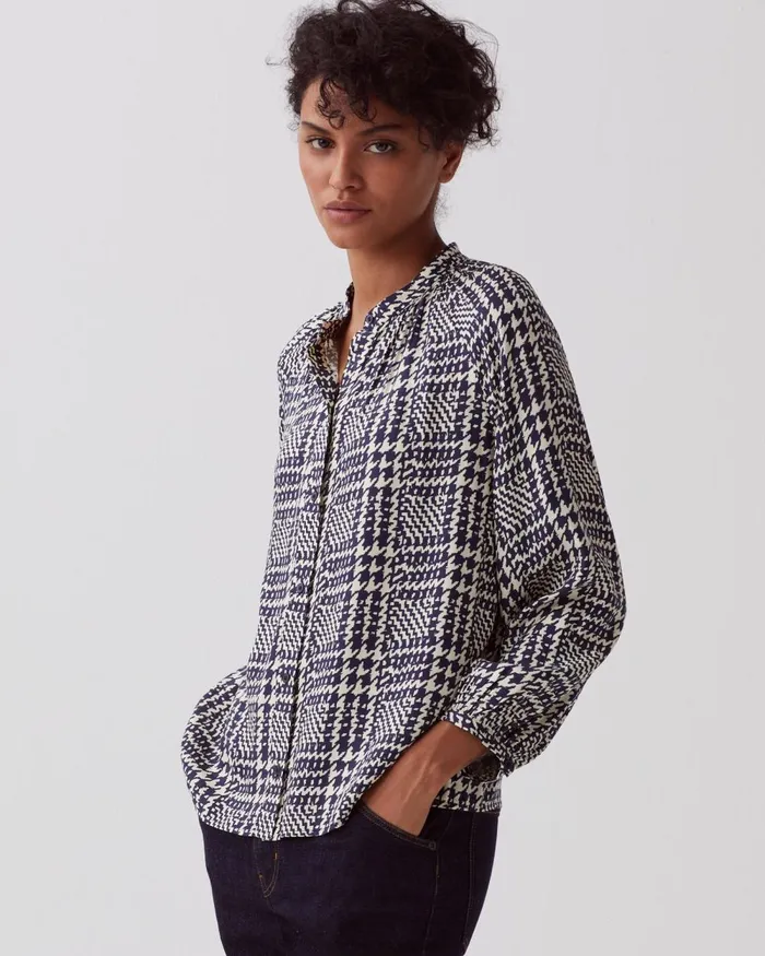 Women LongSleeve Silky Blouse Houndstooth Ble Comptoir Des Cotonniers Blouses and Shirts and Tops