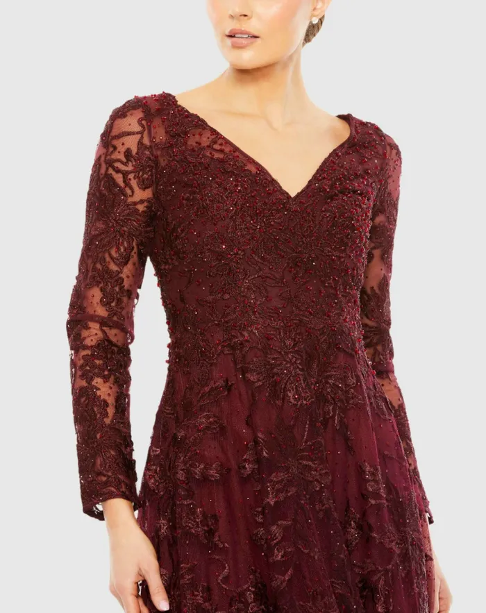 Women Mac Duggal Embellished Illusion Long Sleeve V Neck Gown Mahogany Evening Gowns Women Mac Duggal Embellished Illusion Long Sleeve V Neck Gown Mahogany Evening Gowns