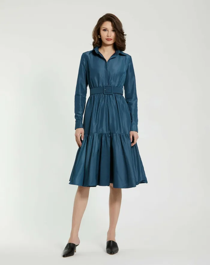 Women Mac Duggal Faille Long Sleeve Collared Midi Dress With Belt Deep Blue Every Day Dresses Women Mac Duggal Faille Long Sleeve Collared Midi Dress With Belt Deep Blue Every Day Dresses