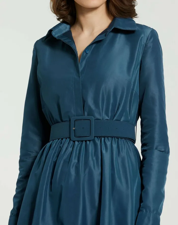 Women Mac Duggal Faille Long Sleeve Collared Midi Dress With Belt Deep Blue Every Day Dresses