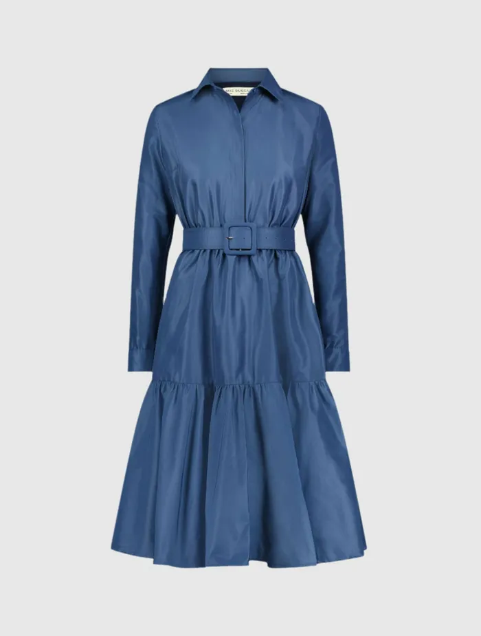 Women Mac Duggal Faille Long Sleeve Collared Midi Dress With Belt Deep Blue Every Day Dresses
