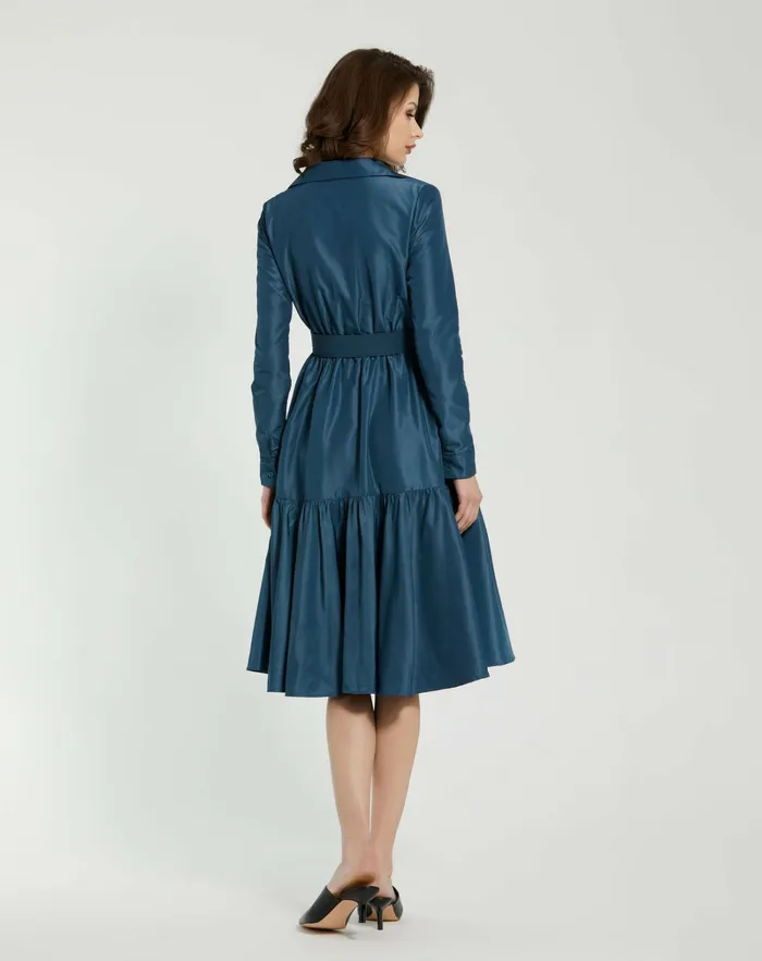Women Mac Duggal Faille Long Sleeve Collared Midi Dress With Belt Deep Blue Every Day Dresses