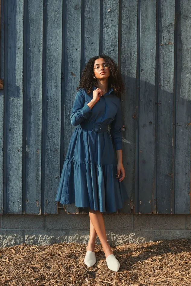 Women Mac Duggal Faille Long Sleeve Collared Midi Dress With Belt Deep Blue Every Day Dresses