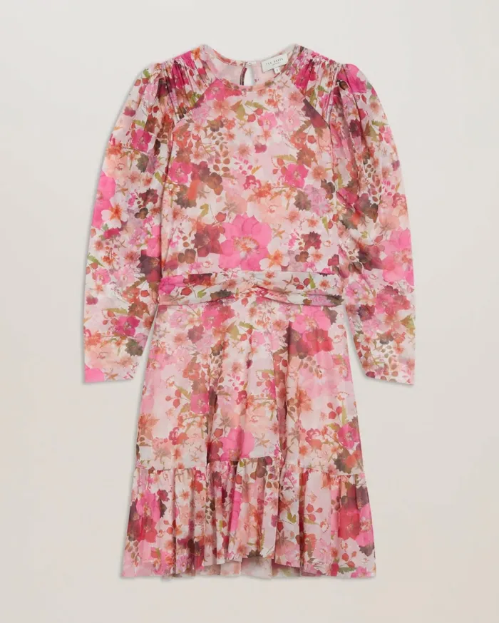 Women MILDRD 8211 Floral Gathered Detail Mesh Mini Dress Pink Ted Baker Dresses