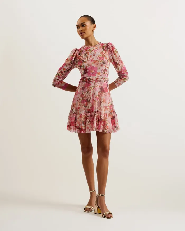 Women MILDRD 8211 Floral Gathered Detail Mesh Mini Dress Pink Ted Baker Dresses Women MILDRD 8211 Floral Gathered Detail Mesh Mini Dress Pink Ted Baker Dresses