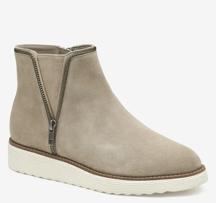 Women Mitzi Zipper Bootie Taupe Suede Boots and Booties Johnston and Murphy
