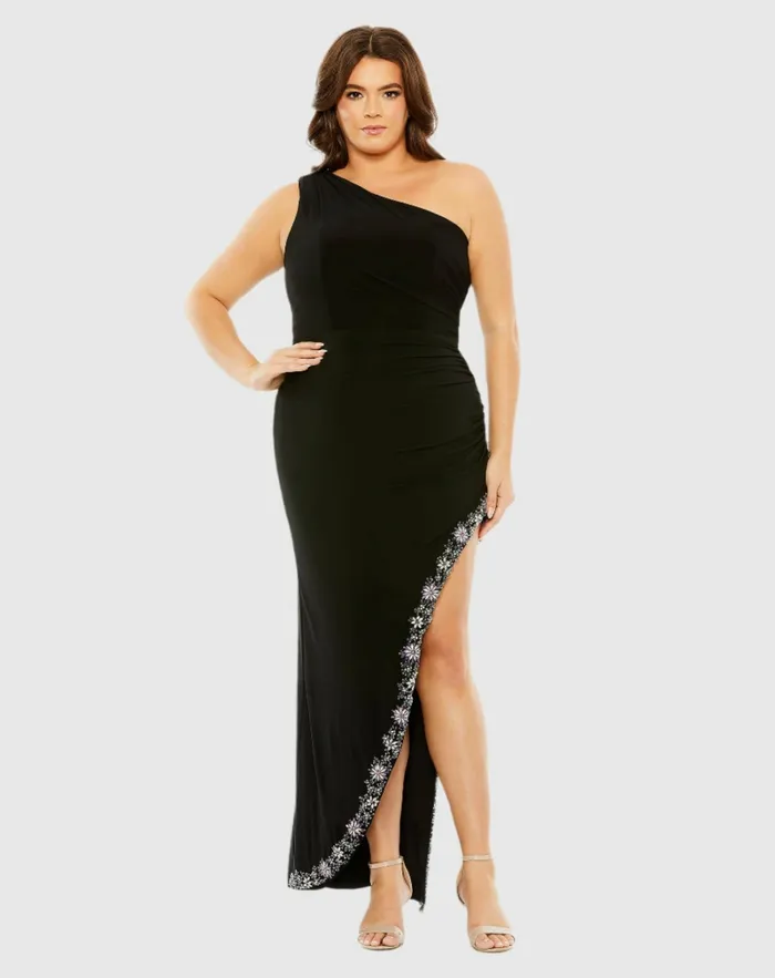 Women Plus Size Dresses Mac Duggal One Shoulder Asymmetrical Embellished Hem Dress Black Multi Women Plus Size Dresses Mac Duggal One Shoulder Asymmetrical Embellished Hem Dress Black Multi