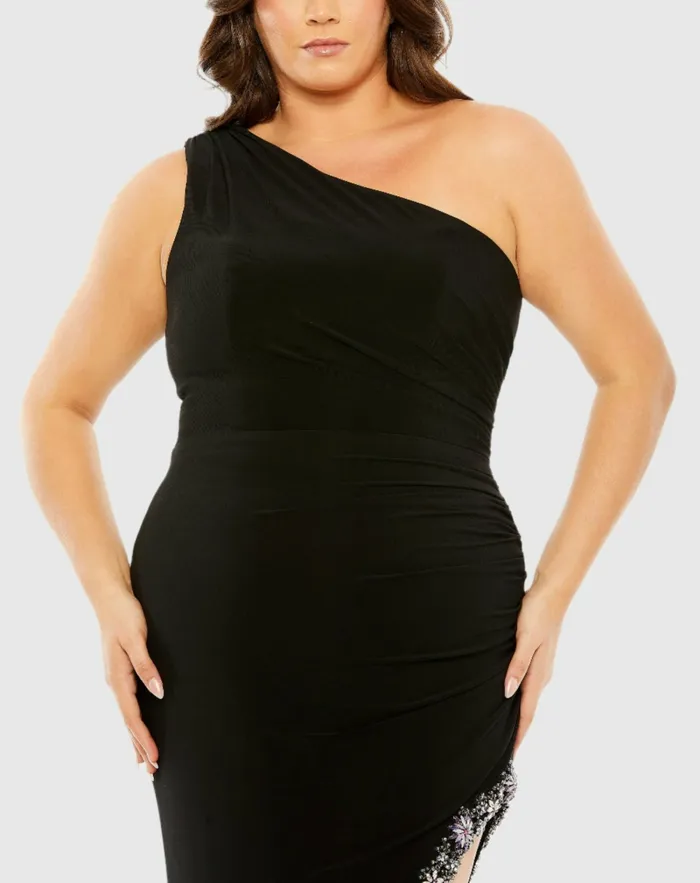 Women Plus Size Dresses Mac Duggal One Shoulder Asymmetrical Embellished Hem Dress Black Multi Women Plus Size Dresses Mac Duggal One Shoulder Asymmetrical Embellished Hem Dress Black Multi