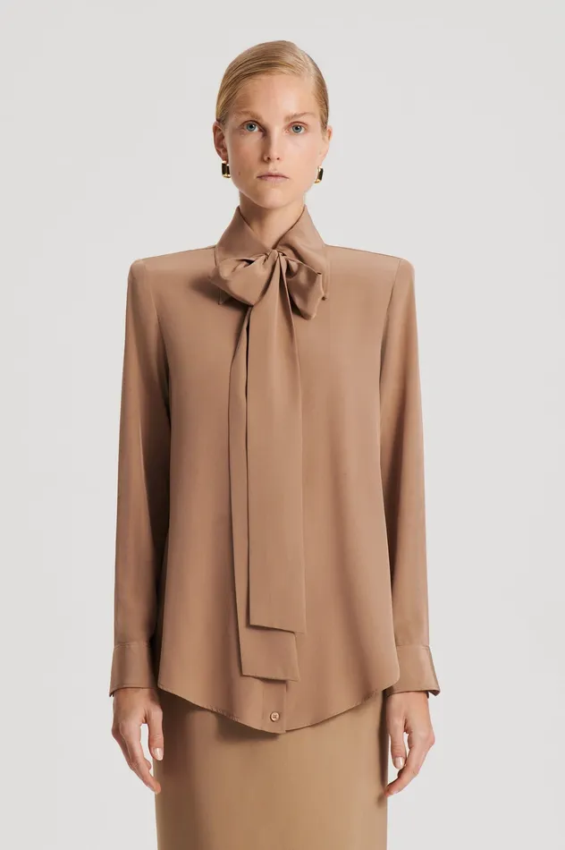 Women SILK SHOULDER PAD SHIRT CAMEL Shirts Scanlan Theodore Women SILK SHOULDER PAD SHIRT CAMEL Shirts Scanlan Theodore