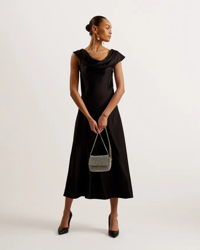 Women SIRINNA 8211 Draped Neck Satin Midi Dress Black Ted Baker Dresses Women SIRINNA 8211 Draped Neck Satin Midi Dress Black Ted Baker Dresses