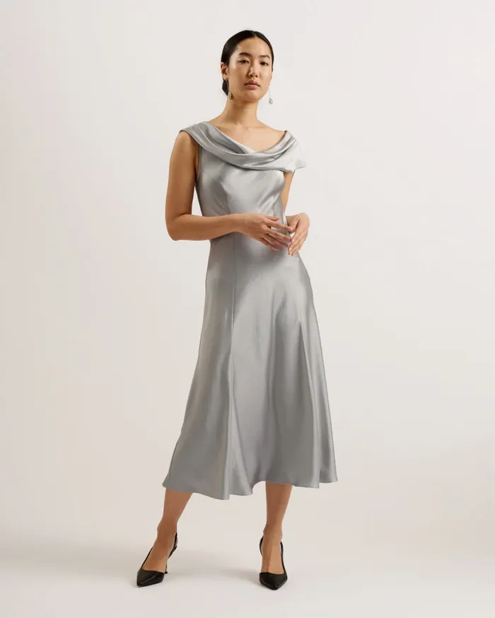 Women SIRINNA 8211 Draped Neck Satin Midi Dress Light Grey Ted Baker Dresses Women SIRINNA 8211 Draped Neck Satin Midi Dress Light Grey Ted Baker Dresses