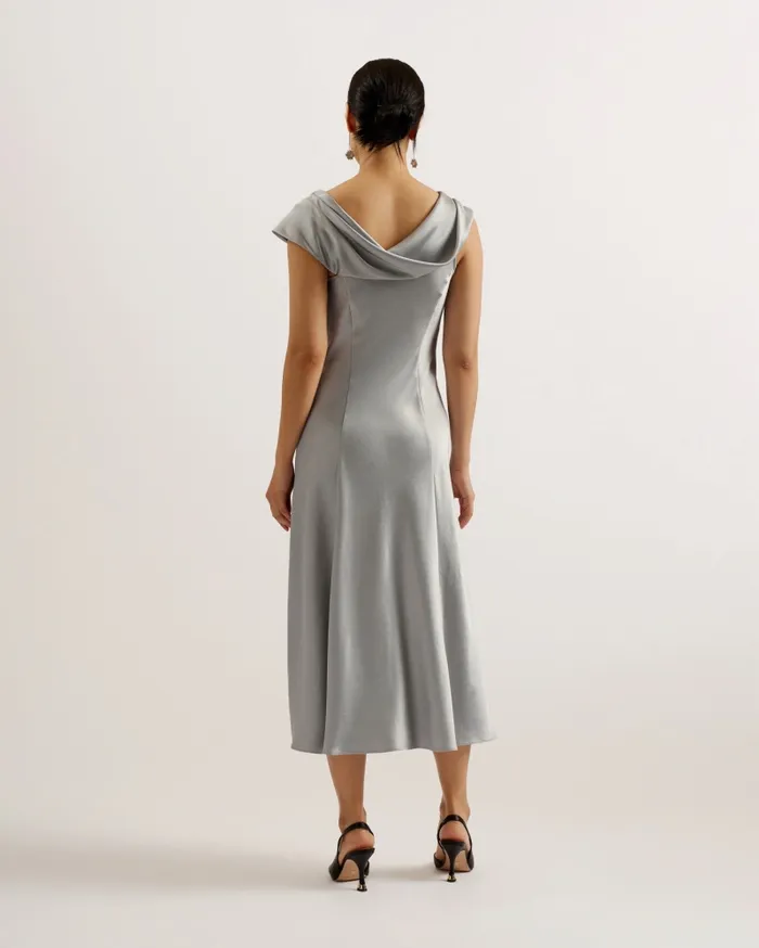 Women SIRINNA 8211 Draped Neck Satin Midi Dress Light Grey Ted Baker Dresses Women SIRINNA 8211 Draped Neck Satin Midi Dress Light Grey Ted Baker Dresses