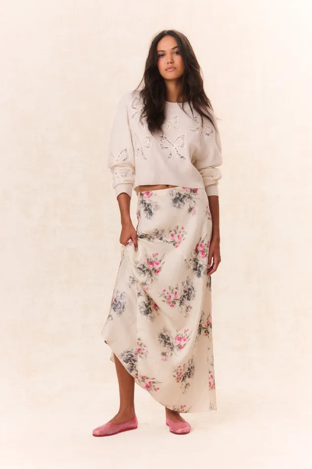 Women Skirts LoveShackFancy Bertha Silk Floral Maxi Skirt French Ivory
