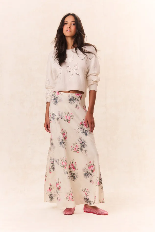 Women Skirts LoveShackFancy Bertha Silk Floral Maxi Skirt French Ivory