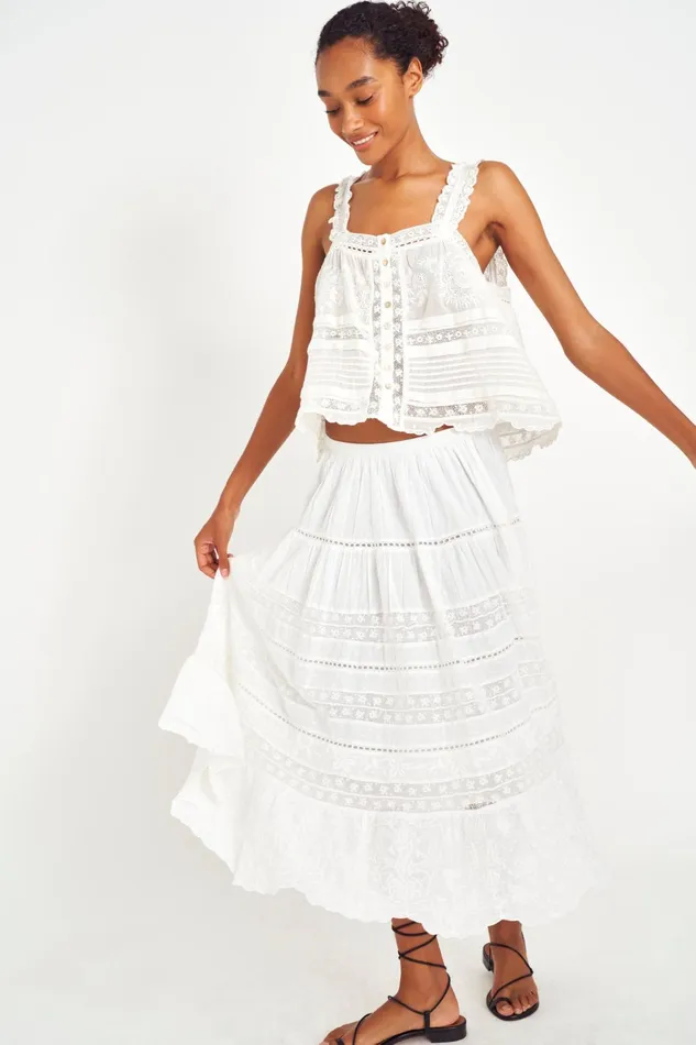 Women Skirts LoveShackFancy Donna Heritage Midi Skirt White