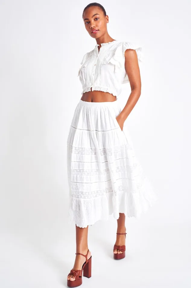 Women Skirts LoveShackFancy Donna Heritage Midi Skirt White
