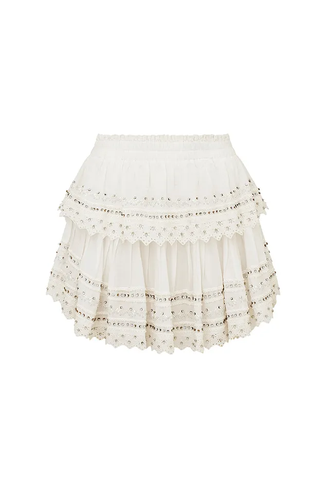 Women Skirts LoveShackFancy Ruffle Mini RhinestoneStudded Skirt White