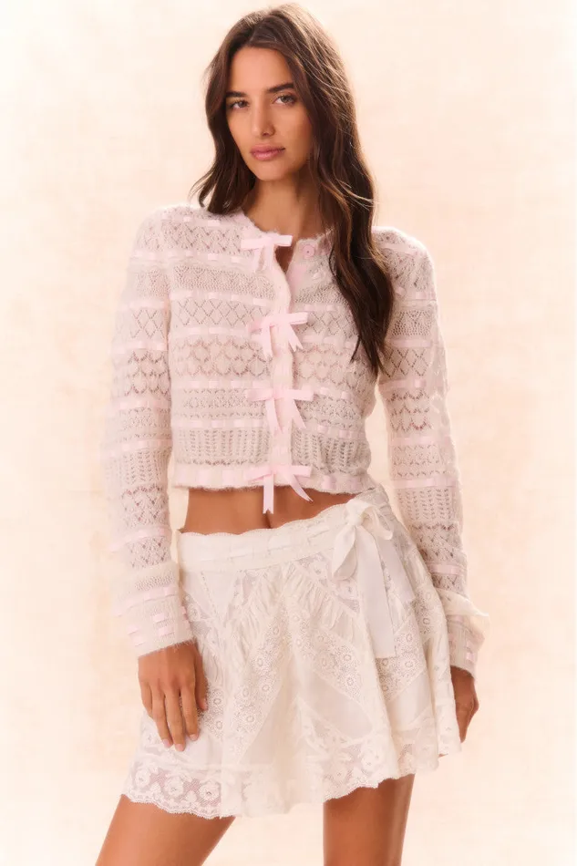 Women Sweaters LoveShackFancy Roselline BowDetailed Knit Cardigan Vanilla Rose Women Sweaters LoveShackFancy Roselline BowDetailed Knit Cardigan Vanilla Rose