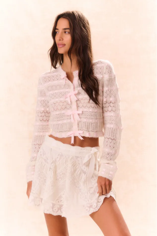Women Sweaters LoveShackFancy Roselline BowDetailed Knit Cardigan Vanilla Rose Women Sweaters LoveShackFancy Roselline BowDetailed Knit Cardigan Vanilla Rose