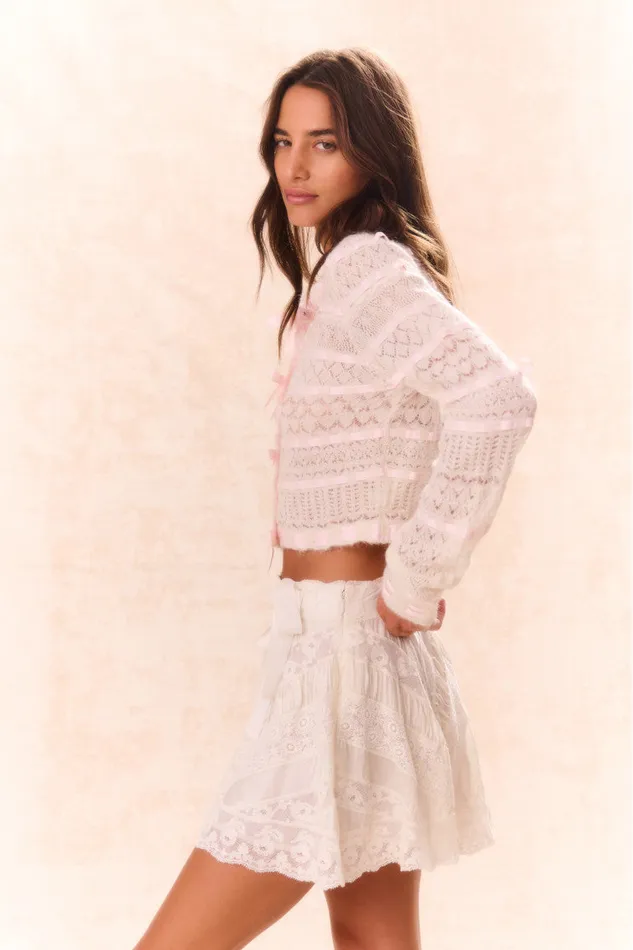 Women Sweaters LoveShackFancy Roselline BowDetailed Knit Cardigan Vanilla Rose Women Sweaters LoveShackFancy Roselline BowDetailed Knit Cardigan Vanilla Rose