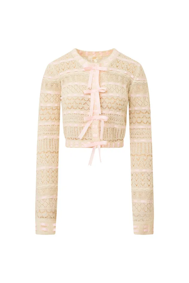 Women Sweaters LoveShackFancy Roselline BowDetailed Knit Cardigan Vanilla Rose Women Sweaters LoveShackFancy Roselline BowDetailed Knit Cardigan Vanilla Rose