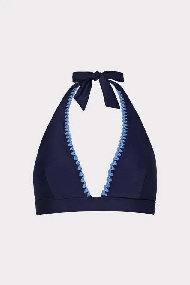 Women Swim and Coverups Milly Crochet Stitch Halter Bikini Top Navyblue