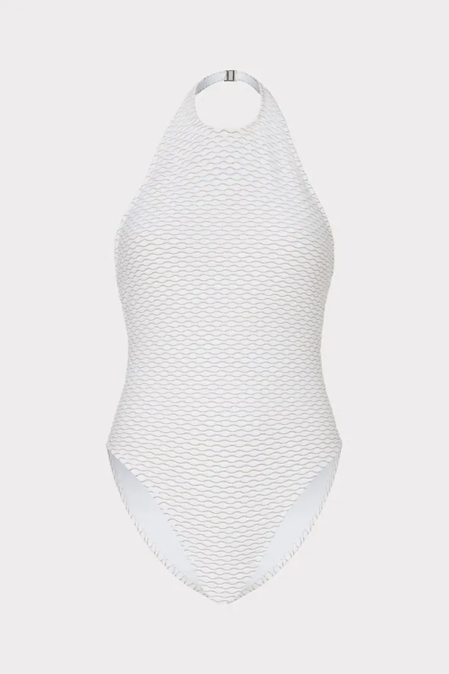 Women Swim and Coverups Milly Jackie Textured Waves Halter One Piece White