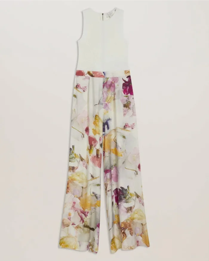 Women TIRSSO 8211 Floral Wide Leg Jumpsuit With Knit Bodice White Ted Baker Jumpsuits and Playsuits