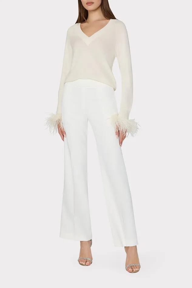 Women Tops Milly Feather Cuff VNeck Sweater Ecru